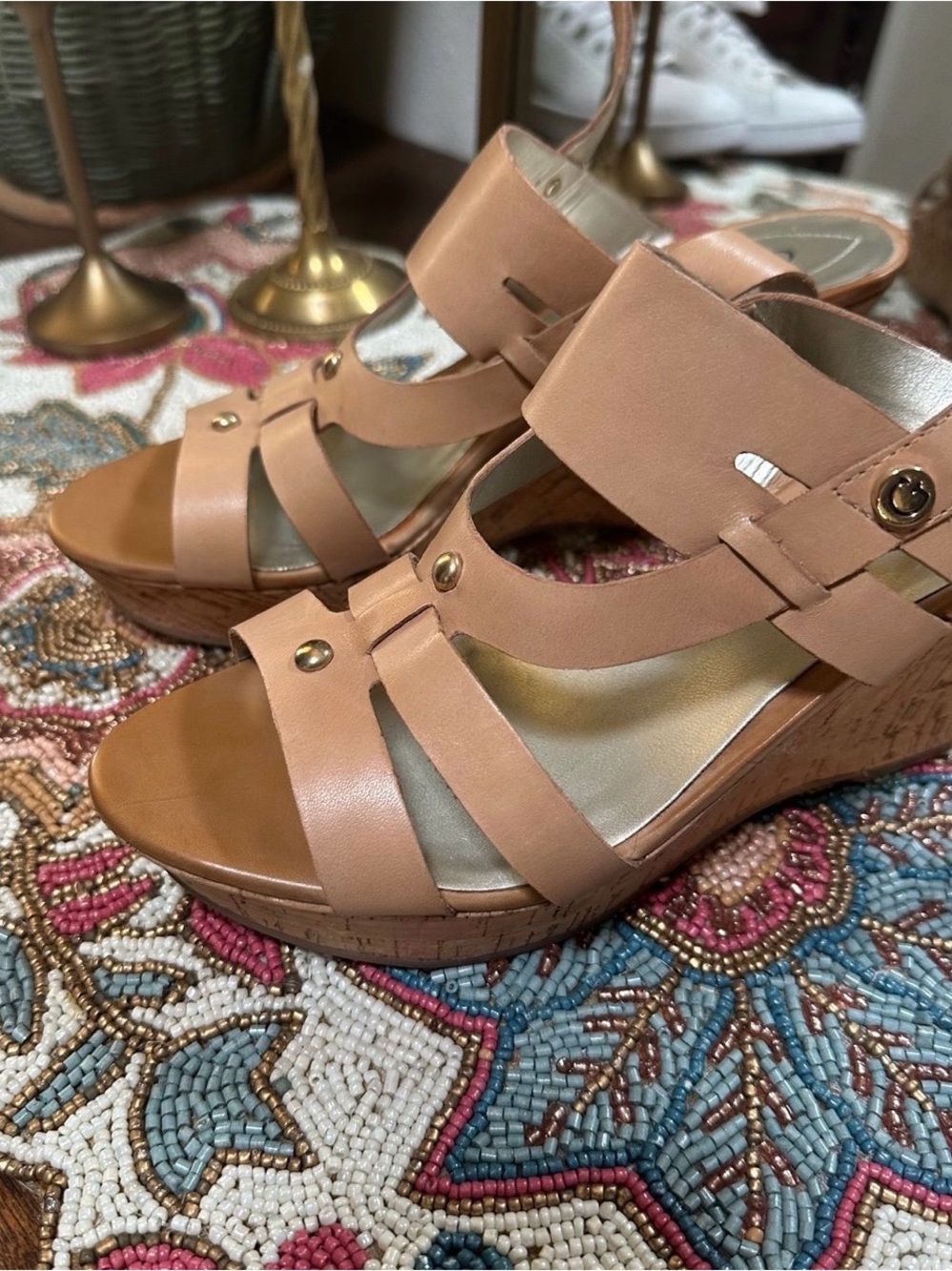 Guess Peach/Tan Leather Wedge Sandals with Gold Studs